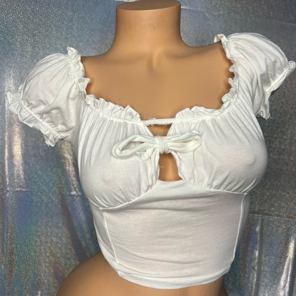 Fashion nova top milk maid ruffle frill bow tie sexy cute puff shoulder cottage - Picture 5 of 8